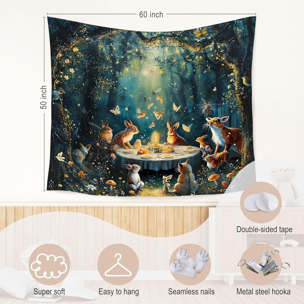 Enchanted Forest Tapestry, Fantasy Woods Tapestry Wall Hanging, Magical Wildflower Forest Animal Wall Blanket Decor For Home