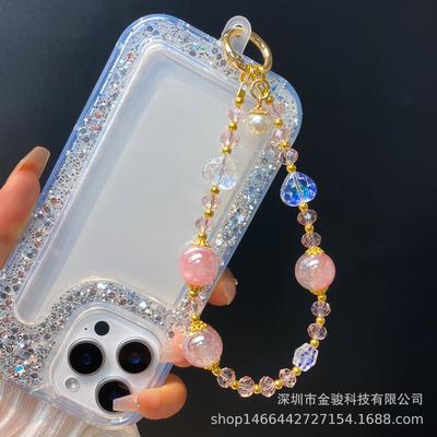 Phone Chain Beads Heart Crystal Beads Phone Strap Cute Keychain Pendant Anti-Lost Handheld Strap Lanyard