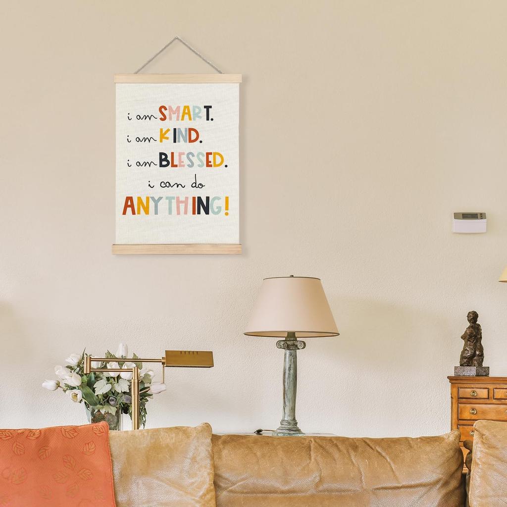 LUVADIAN Positive Affirmations for Kids, Kids Wall Decor, I am Smart Kind Blessed Motivational Poster Hanger Frame Wall Art for Classroom Playroom