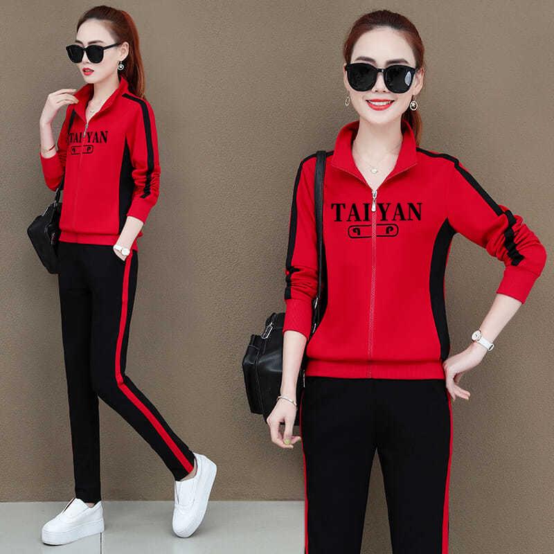 

Женский стильный комплект повседневной спортивной одежды весна 2025 года - модный костюм-двойка для мам среднего возраста 5XL красный