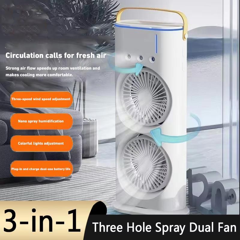 Drei-Loch-Sprüh-Doppellüfter Schreibtisch Großer Wind Kühlung Elektrischer Ventilator Leicht und Wasser Nachfüllbar Büro Wohnheim Tragbarer Ventilator