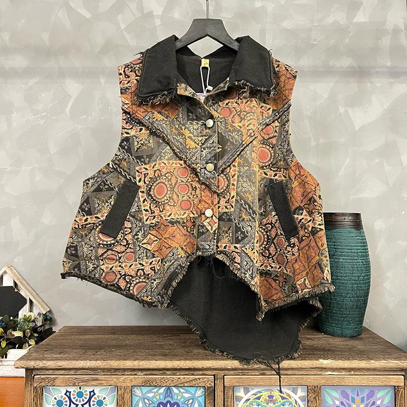 Trendy and cool personalized printing to make old denim irregular vest big crotch pants two-piece set women s spring and summer fashion suit vest free size
