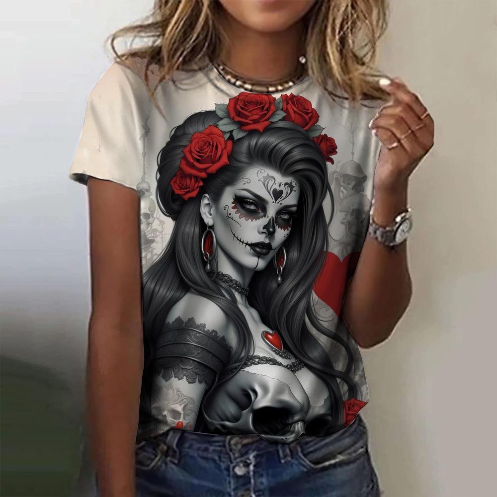Summer Round Neck 3D Skull Print Top Fashionable Casual Short Sleeved Women's T-shirts