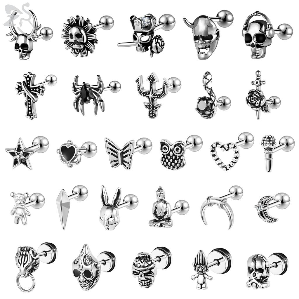 ZS 1 PC Punk Gothic Skull Stud Earring For Men Women Spider Snake Earrings Ear Studs Cartilage Helix Lobe Piercing Jewelry 16G