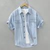 Camisa Jeans Masculina para Trabalho Literário e Lazer Jovem com Colarinho de Corte Amplo Manga Curta