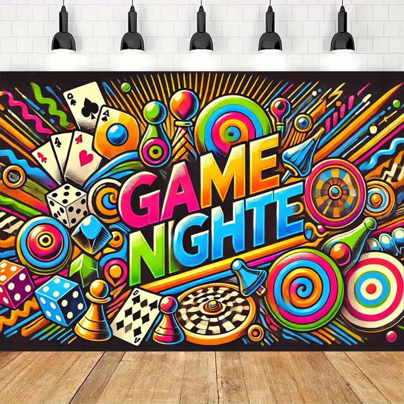 2D Game Night Graffiti Banner, Bright Party Decor with Game Icons