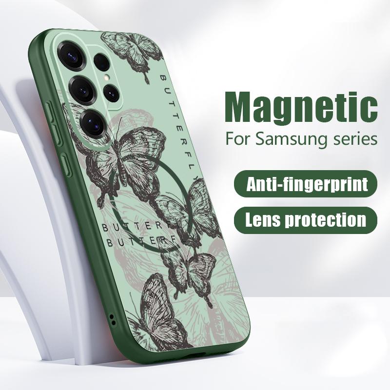 Magnetic For Magsafe Case For Samsung Galaxy S26 Ultra S25 Edge S24 Plus S23 FE S22 A54 A55 A56 5G Retro Butterfly Print Matte Cover