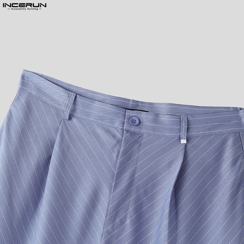INCERUN Summer Men Zipper Waist Casual Striped Long Pants Trousers