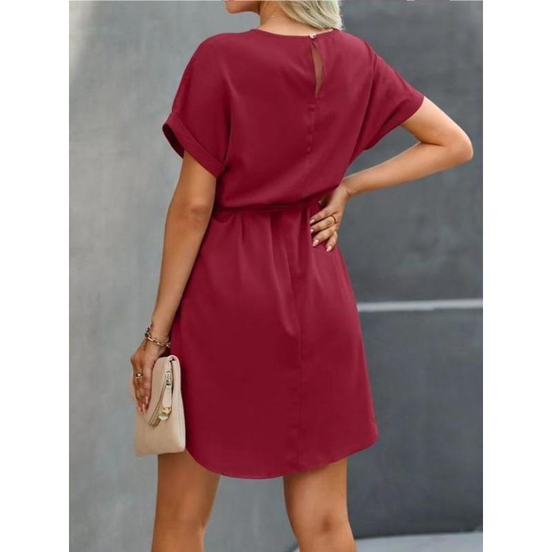 Dámská letní ležérní móda Nové šaty s krátkým rukávem s páskem