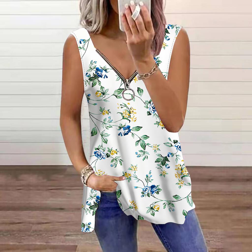 Women's Top Summer Black Plants Printed Casual Plus Size Sleeveless Zipper V-neck Top Tank Top