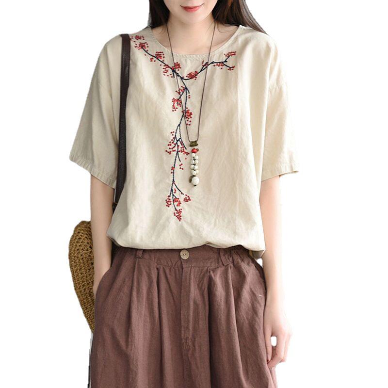 Damen Retro Floral Besticktes Baumwollleinen T-Shirt - Kurzarm, Rundhalsausschnitt, Vielseitiges Sommeroberteil