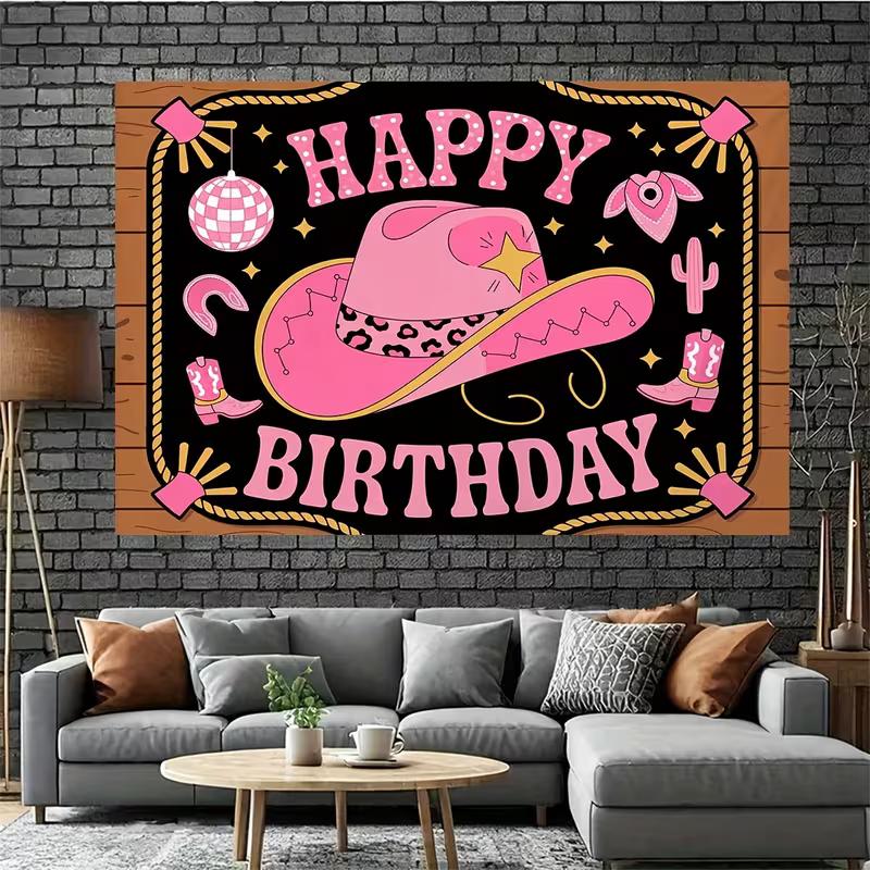2D Disco Cowgirl Backdrop "Happy Birthday" Western Themed Photo Booth Background