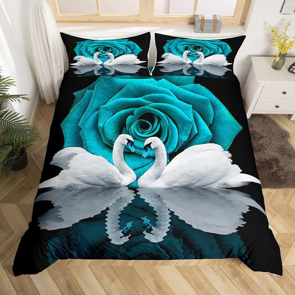 Red Rose Beding Set White Swan Soft Duvet Cover Quen Wild Animal Romantic Flower Warm Comforter Cover for Young Girls Woman Lady Weding Decor
