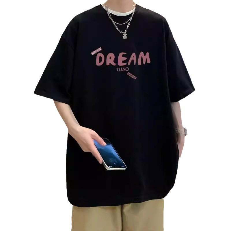 Men's Trendy White 100% Cotton Short-Sleeve T-Shirt with Letter Print