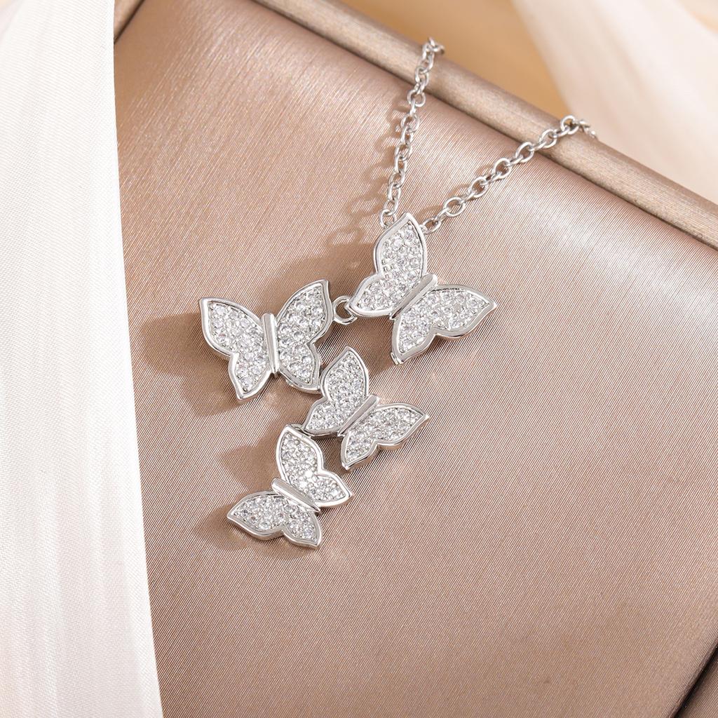 Fashion 925 Sterling Silver Jewelry Butterfly Crystal Pendant Necklaces