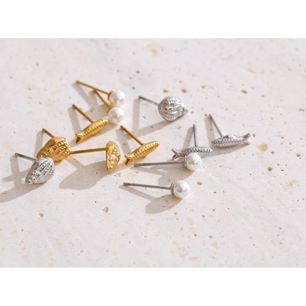 Eetit Cute Mini Conch Fish Pearls Stud Earrings Set 16K Golden Platinum Plated Daily Wear Fashion Waterproof Jewelry Recommend