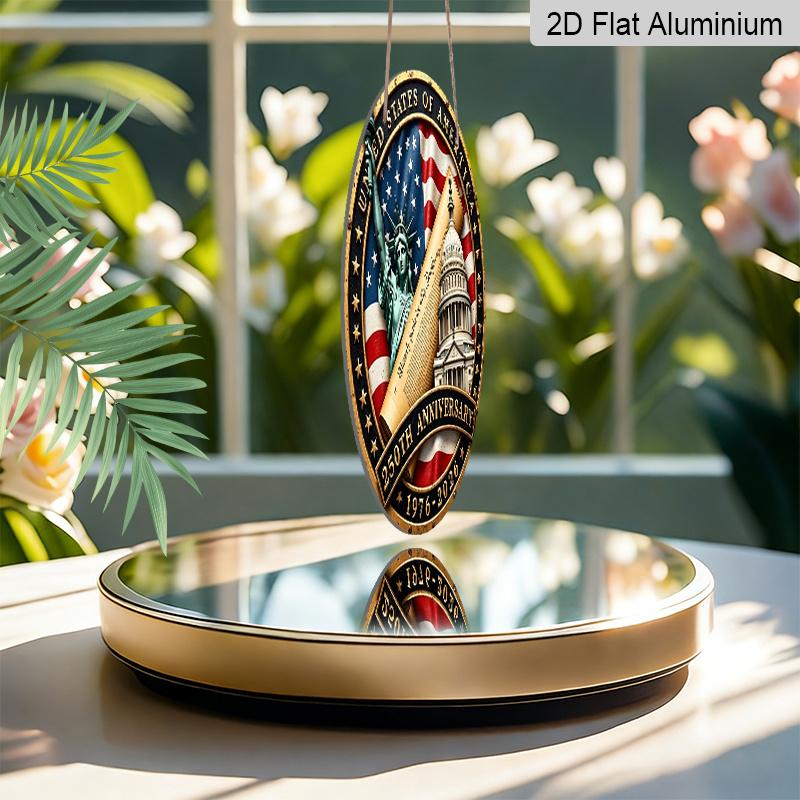 2D Flat, A Round Aluminum Anniversary Wall Decoration, Featuring Patriotic Art of The Statue of And The Capitol, Suitable for USA 250th Anniversary