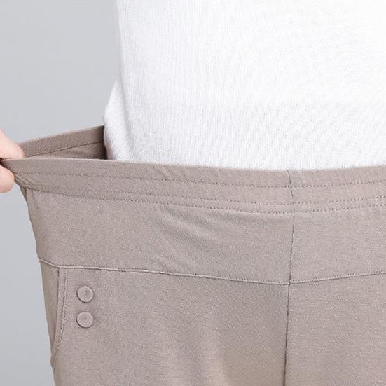 High Waist Elastic Waistband Women Pants Button Decoration Pockets Thin Office Lady Straight Wide Leg Trousers