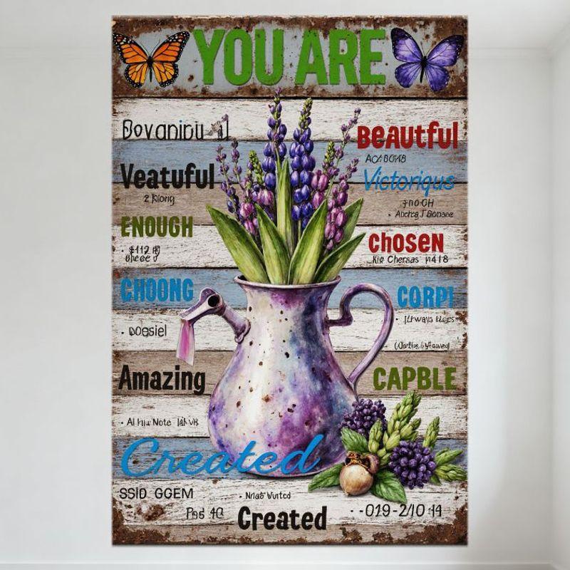 Motivational  YOU ARE  Wooden Background Butterfly Watering Can Flowers Positive Affirmations Metal Tin Sign for Home Office Wal 20x30cm（7.8x11.8inch）