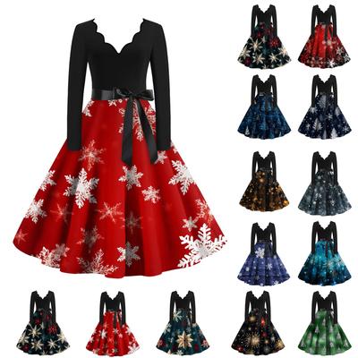 Women's Christmas Snowflake Print Contrast  V-neck Slim Fit Long Sleeve Swing Dress
