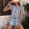 Women's Summer Top Color Stripes Patchwork Shirt Lotus Leaf Flying Sleeve Sleeve Shirt Top