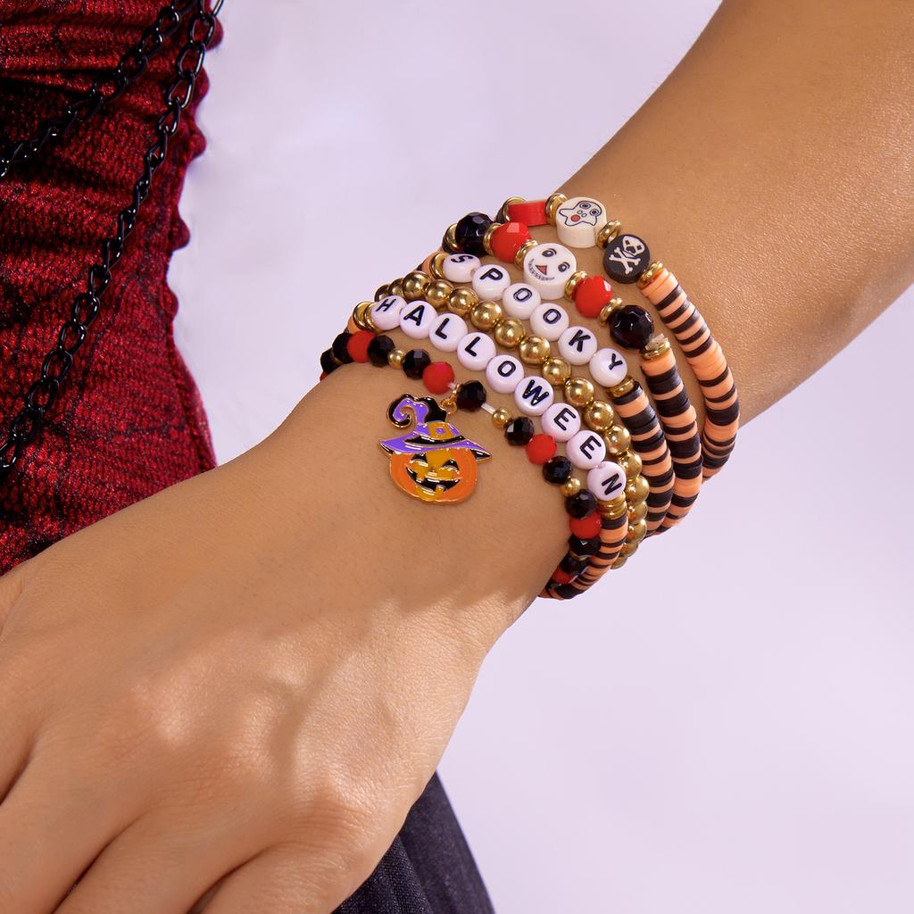 New Creative Pumpkin Skull Ghost Spider Bracelets Set for Women Handmade Polymer Clay Beads Stackable Bracelet Halloween Jewelry