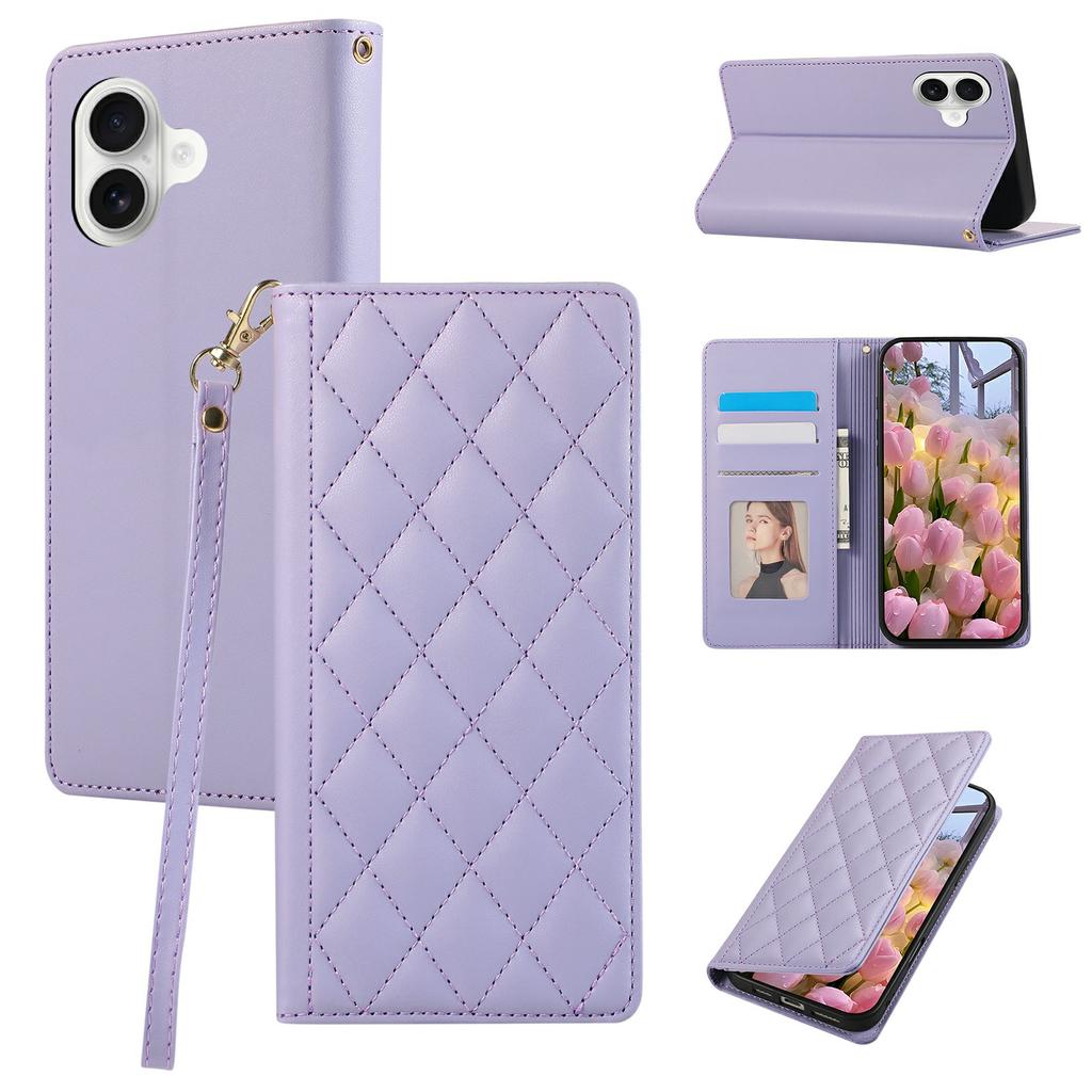 For iPhone 17 Case RFID Blocking Wallet Stand Rhombus Leather Phone Cover with Wrist Strap