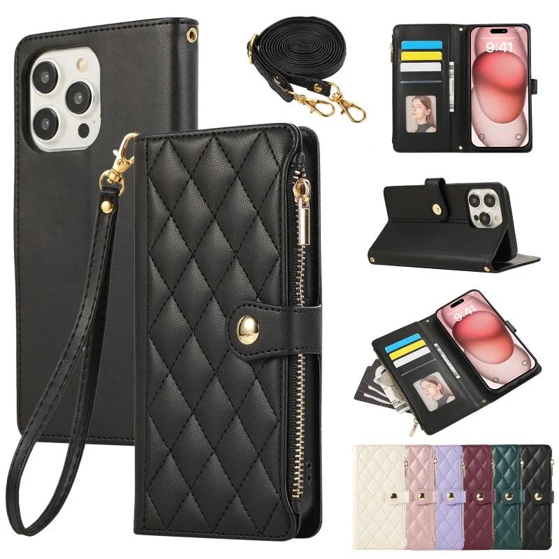 Crossbody Wrist Strap Leather Phone Case for IPhone 16E 17 Ari 16 15 14 13 12 11 Pro Max XS 8 Plus Wallet with Card Holder Cover