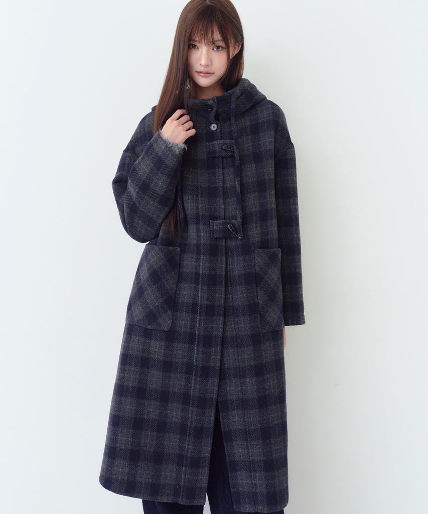 THE GREEN LAB Check Hooded Duffle Long Coat [Navy Check]