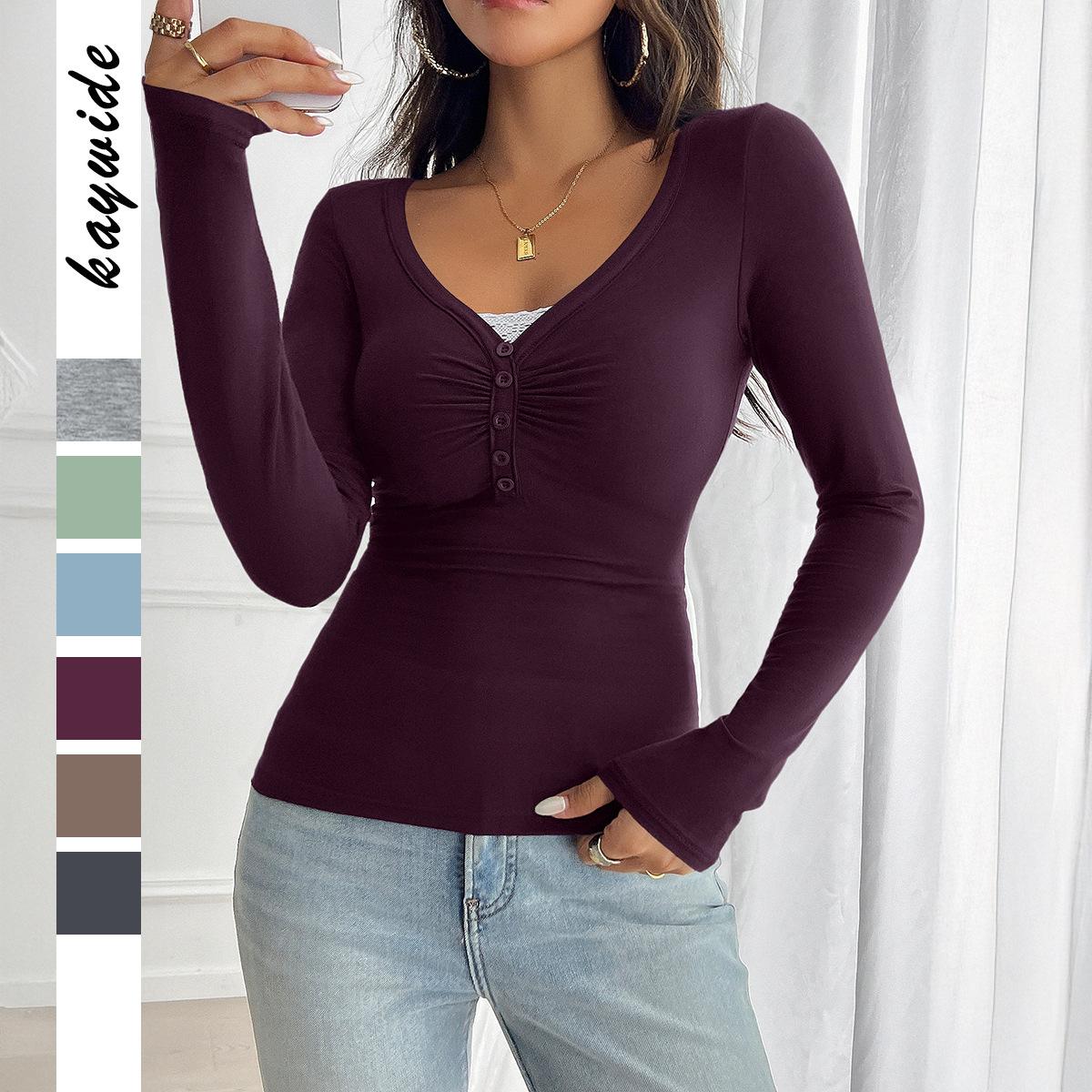 

Y2K Fashion Button Simple Solid Color Long-sleeved Bottoming Shirt T-shirt Women s 2025 Autumn and Winter S