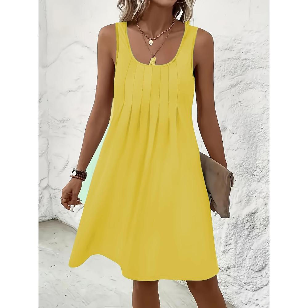 Women's U Neck Sleeveless A Line Mini Dress Solid Color Front Pleated Casual Tank Sundress