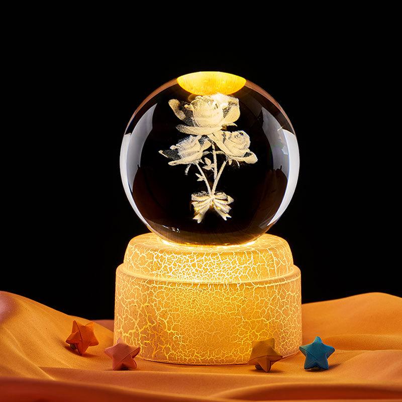 Crystal Ball Night Light with Three Rose Stickers – Elegant Desktop Ornament & Birthday Gift for Girls, Friends, or Boyfriend