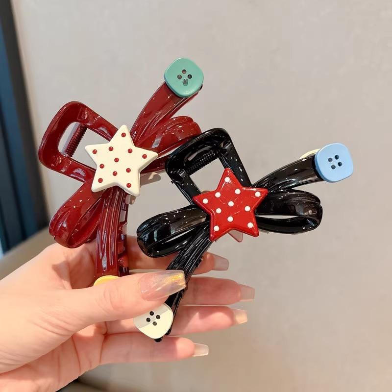 Korean Red Point Star Bowknot Hair Claw Clip for Women Sweet Acrylic Large Shark Clip Ponytail Headwear Hair Accessories
