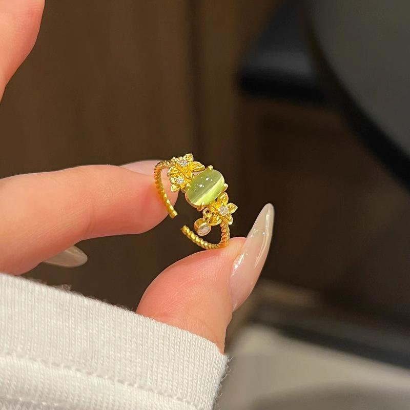 

Classic and Fresh Water Drop inlay Diamonds Small Flower Gemstone Ring Green Cat Eye Stone rings for women Party Jewelry Gift resizable золотой
