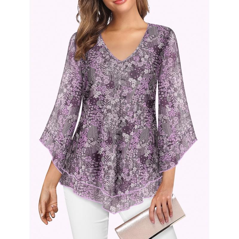 Floral V-Neck Chiffon Top Y 86078 M