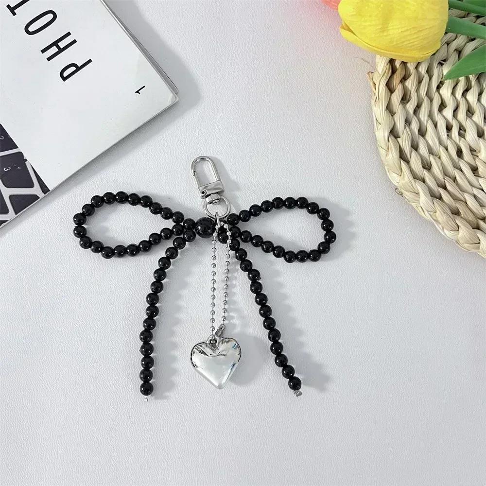 New Sweet Bowknot Heart Keychain Pendant Lovely Beaded Hanging Decorations Keyring Charm Phone Lanyard Phone Charm Bag Pendant
