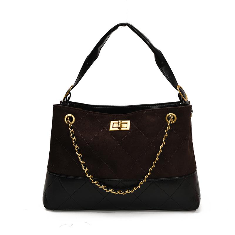 Brown Korean Style Quilted Suede Tote Bag with Adjustable Chain Strap