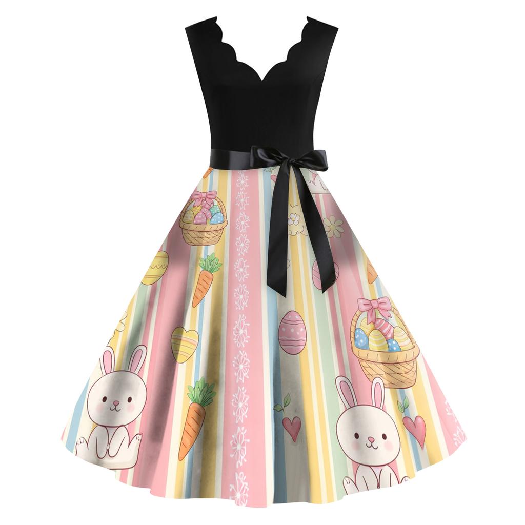 Women's Casual Fashion Easter Print V-neck Retro Dress