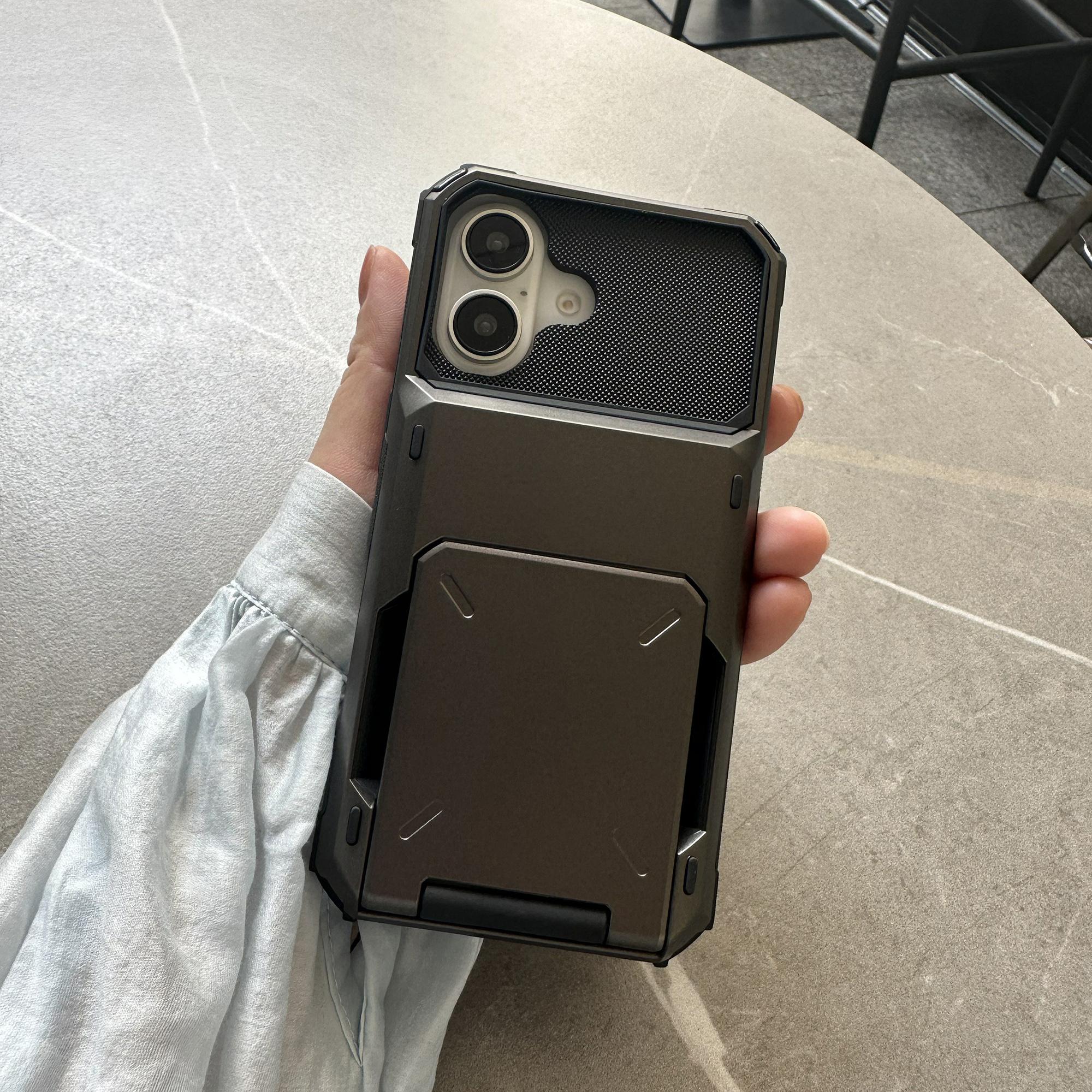 

For iPhone 16 Case PC+TPU Dual Layer Back Phone Cover with Card Holder Black