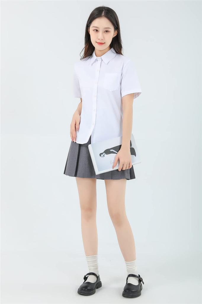 School Short Square Shirt With Pocket [Sharphon] Girls' Shirt, Sleeve, Collar, Plain, Cotton, Top,