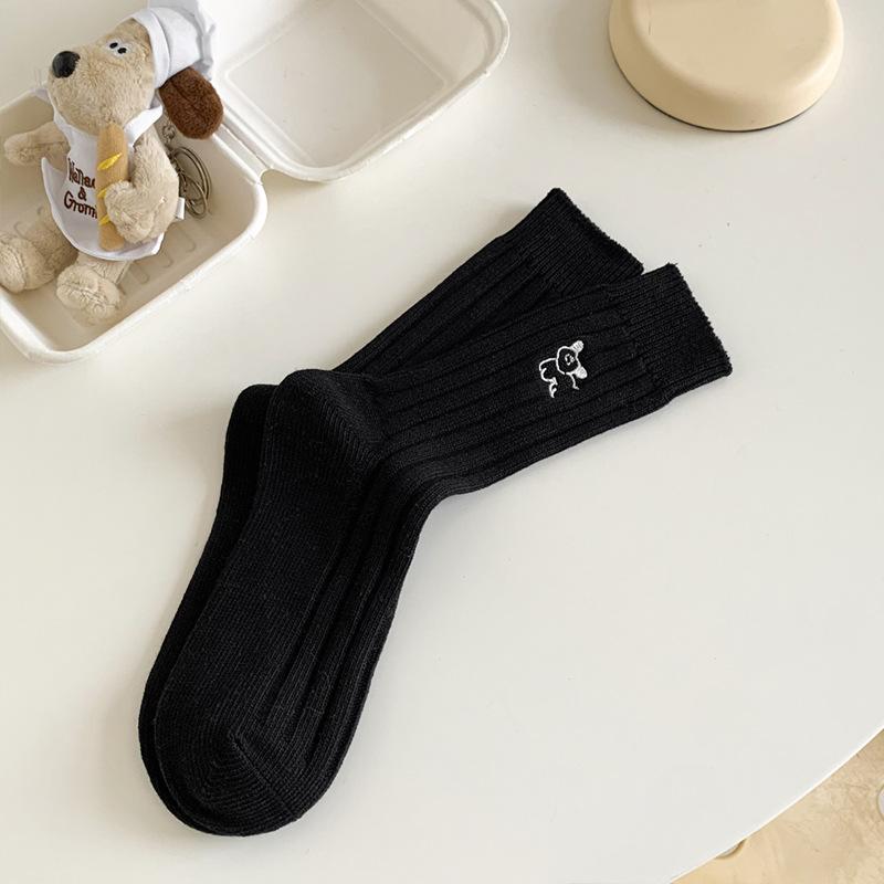 5 Pairs of Female Spring and Autumn Embroidery Puppy Vertical Stripes In Tube Pile Socks