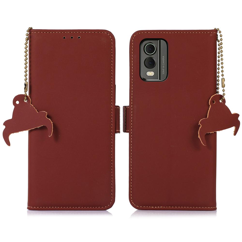 

For Nokia C32 Stand Wallet RFID Blocking Phone Case Genuine Cow Leather Smartphone Cover Coffee