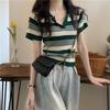 Women's Summer Striped Knitted Polo Collar Short Sleeve T-Shirt - 2022 Trendy Student Top