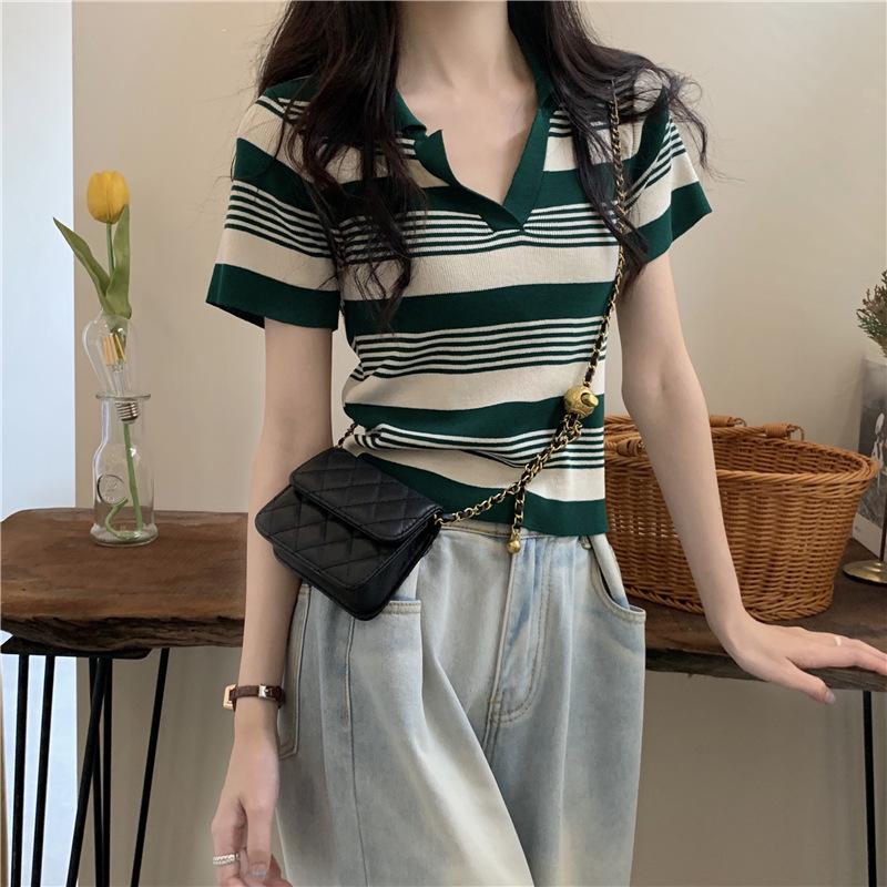 Women's Summer Striped Knitted Polo Collar Short Sleeve T-Shirt - 2022 Trendy Student Top