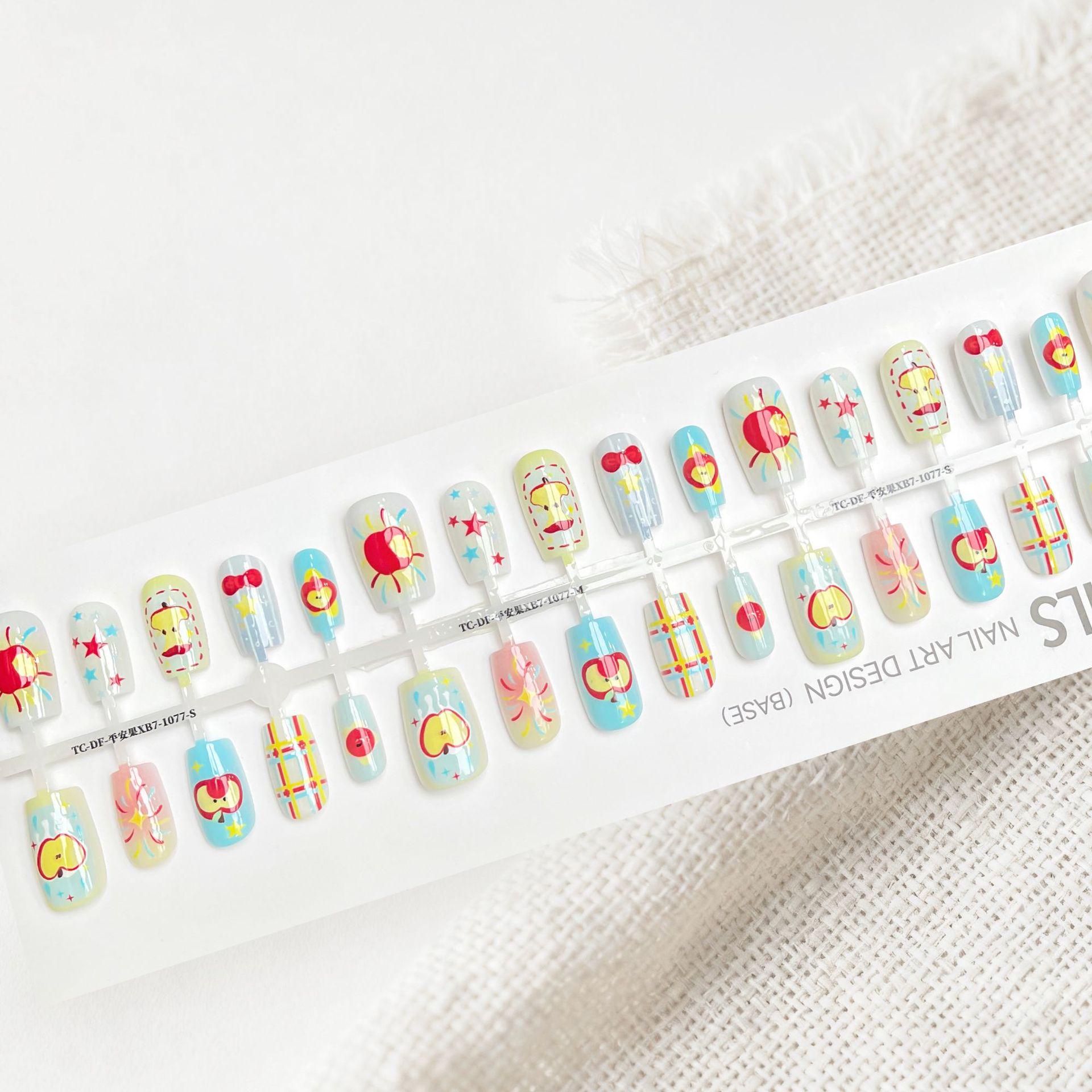 Chinese Style Cartoon Gradient French Manicure Nail Strips - Wearable Pre-Made Sweet & Cool False Nail Tips Natural Matte No Topcoat (4 Sets)