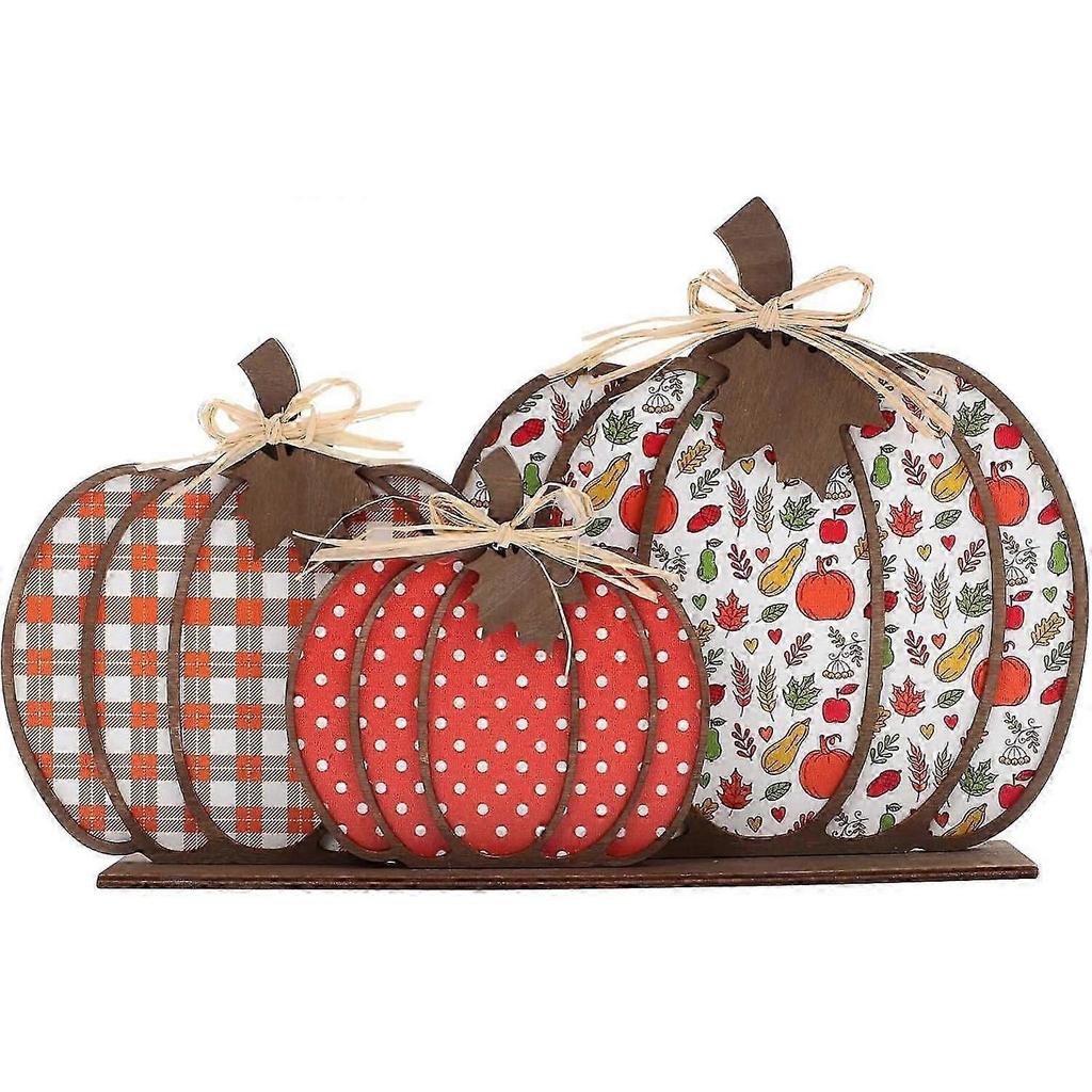 Thanksgiving Halloween Wooden Pumpkin Decoration, Table Block Autumn Plaid Wood Stand Fall Tiered Tray Decoration