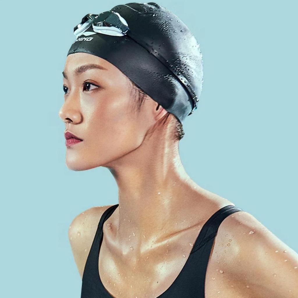 Li-Ning Silicone Swimming Cap, for Long Hair, Waterproof, Black