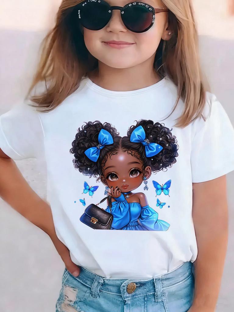 Cute Girl with Butterfly TShirt Printed T Shirt Girls Casual Short Sleeve Tops TShirts 90s Girls Clothing Summer