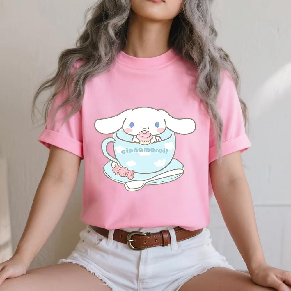 

2026 Summer Cinnamoroll Sweet Cup Time Print Cotton T Shirt for Girls Daily Wear Breathable Casual Top S