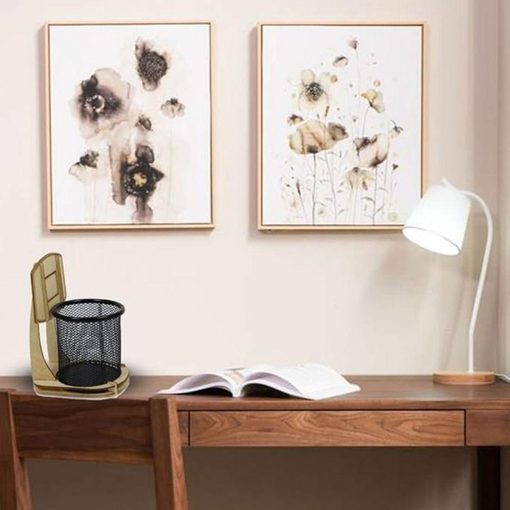 Household Mesh Pen Holder Wooden Frame Cosmetic Brushes Shelf  Table Storage Supplies
